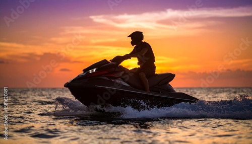 Sunset shot of a jet ski gliding over the ocean, horizon glowing with orange and purple tones, silhouette of the rider against the fading light