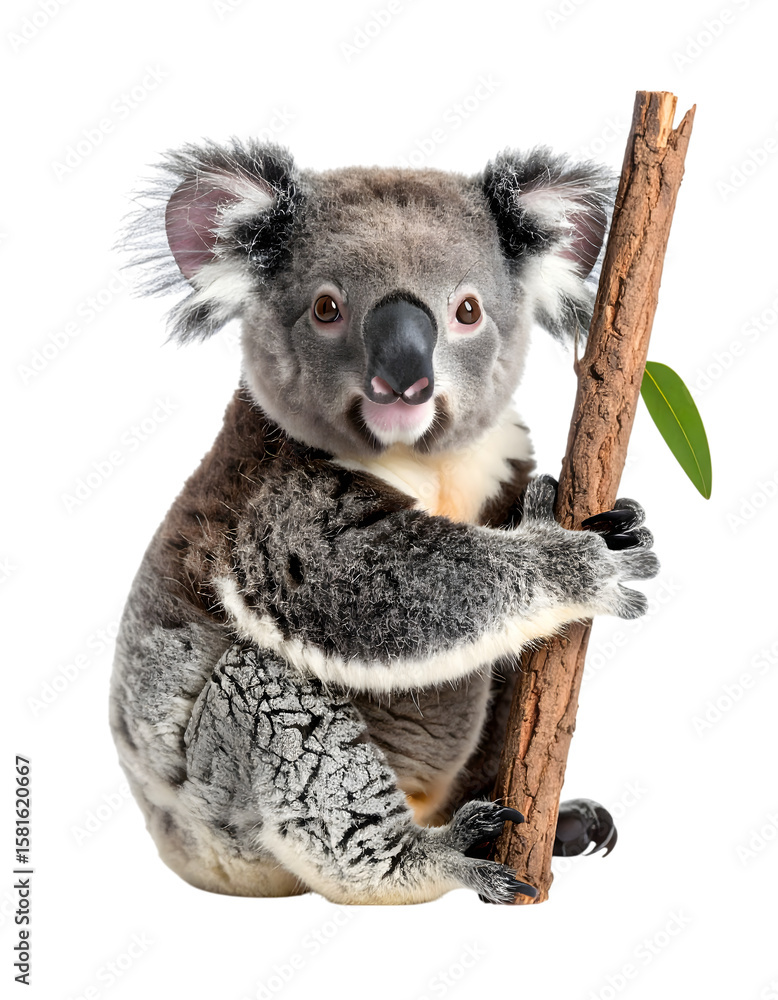 Fototapeta premium Adorable Koala Clinging to Tree Branch with Vibrant Green Leaves