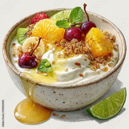 Colorful Fruit and Granola Yogurt Bowl Art Illustration