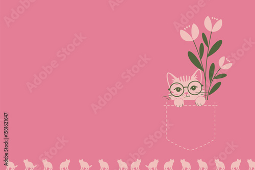 A cute kitty with glasses in a pocket surrounded by flowers creates a whimsical design on a soft pink backdrop.