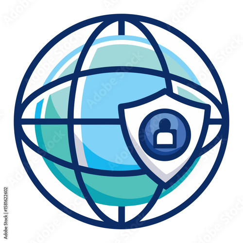 A global network represented by a blue globe with a grid, overlaid with a white shield containing a dark blue circle with a white person icon, symbolizing global user or identity protection.