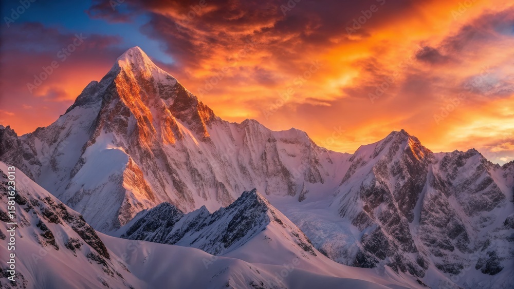 Obraz premium Majestic mountain peaks under a vibrant sunset sky.