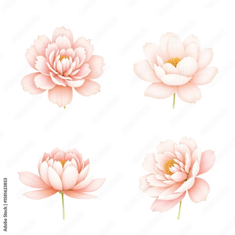Naklejka premium Elegant Blush Pink Lotus Flower Collection: Soft, Romantic, Watercolor Style Botanical Illustrations.