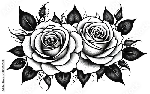 Black and white Rose Floral Design, Tattoo Art