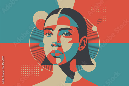 Artistic portrait showcases a woman with an abstract and geometric design in retro colors of red, teal, and tan.