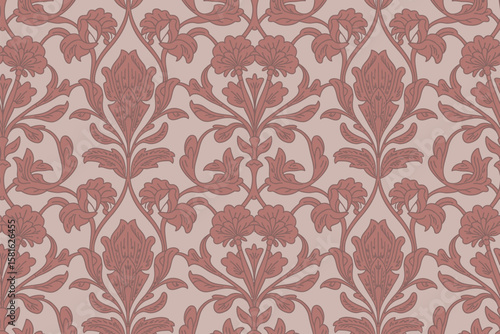 Elegant floral repeating pattern in subdued hues creates a timeless damask styled textile with organic motifs.