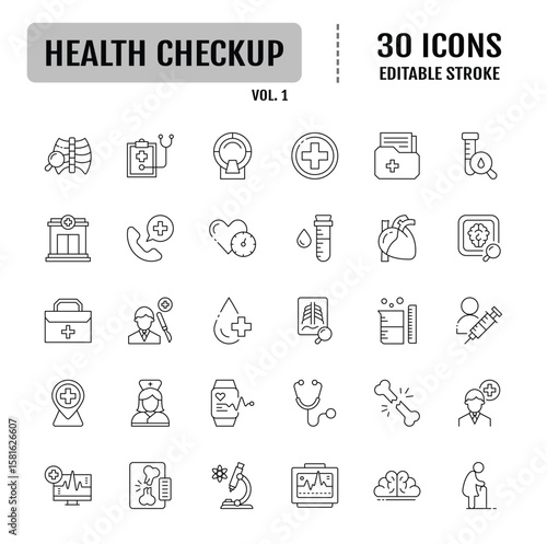 Health checkup line editable icon set. Containing medical checkup, diagnosis, patient, healthcare, health, insurance, hospital, doctor and more. Vector illustration