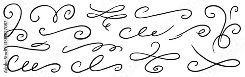 Line ornament flourish calligraphy swirl set. Elegant flourish divider, underline and scroll swash wedding font, label or accent. Line art swirl, chalk flourish, vintage ornament. Vector illustration