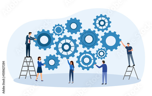Employee engagement, teamwork collaboration or team strategy working together, partnership, community to help organization success concept, businessman colleagues help connect cogwheel gear together.