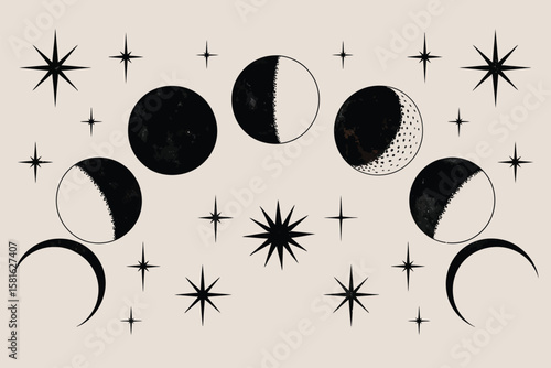 Lunar phases and twinkling stars grace a mystical celestial design on light background, perfect for astrology or esoteric themes.