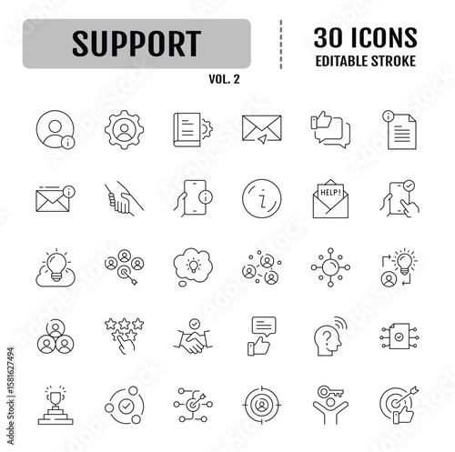 Customer service and support icon set. Containing helpline, mutual aid, service, technical support, help, call center, hotline, live chat and assistance. Vector illustration