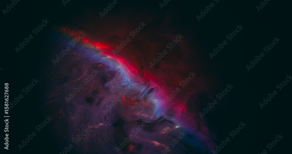 Fototapeta premium Neon smog. Color water. Defocused purple pink blue sparkling swirling rainbow liquid floating on abstract dark black light art background.