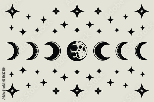 Celestial phases of the moon and stars against a serene backdrop offers enchanting cosmic symbolism and stellar appeal.