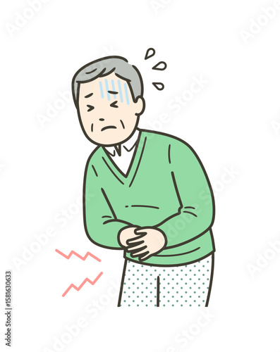 腹痛でお腹を押さえて苦しむ高齢男性の上半身イラスト
