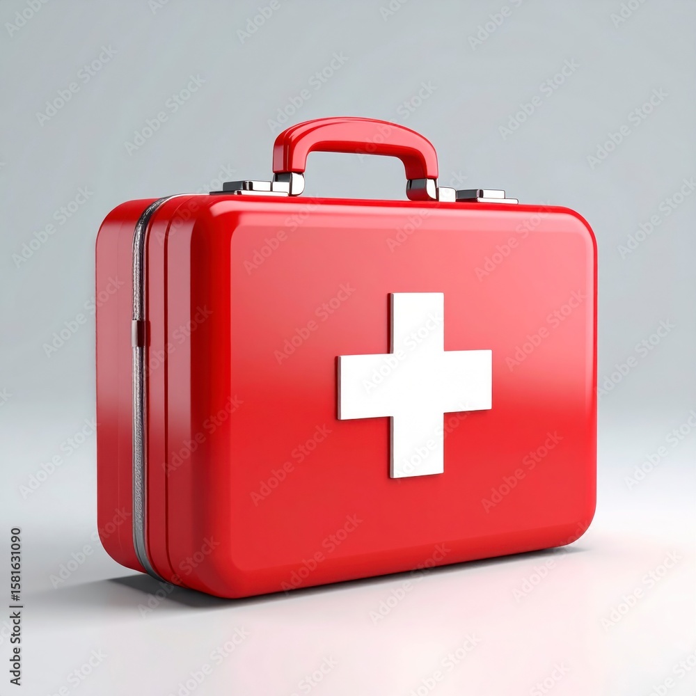 Red First Aid Kit with White Cross Symbol on Clean White Backdrop Medical Health and Safety Isolated Background