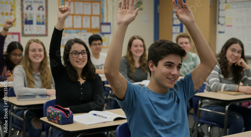Enthusiastic high school students actively participate in class, raising their hands to answer questions or share ideas, creating a vibrant and engaging learning environment.