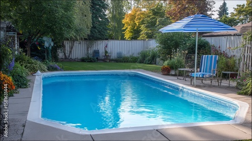 A serene backyard pool scene featuring vibrant flowers and a relaxing lounge area with a striped umbrella.