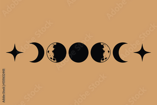 Phases of the moon in black silhouette with stars against a warm beige background evoke lunar cycles and celestial beauty.
