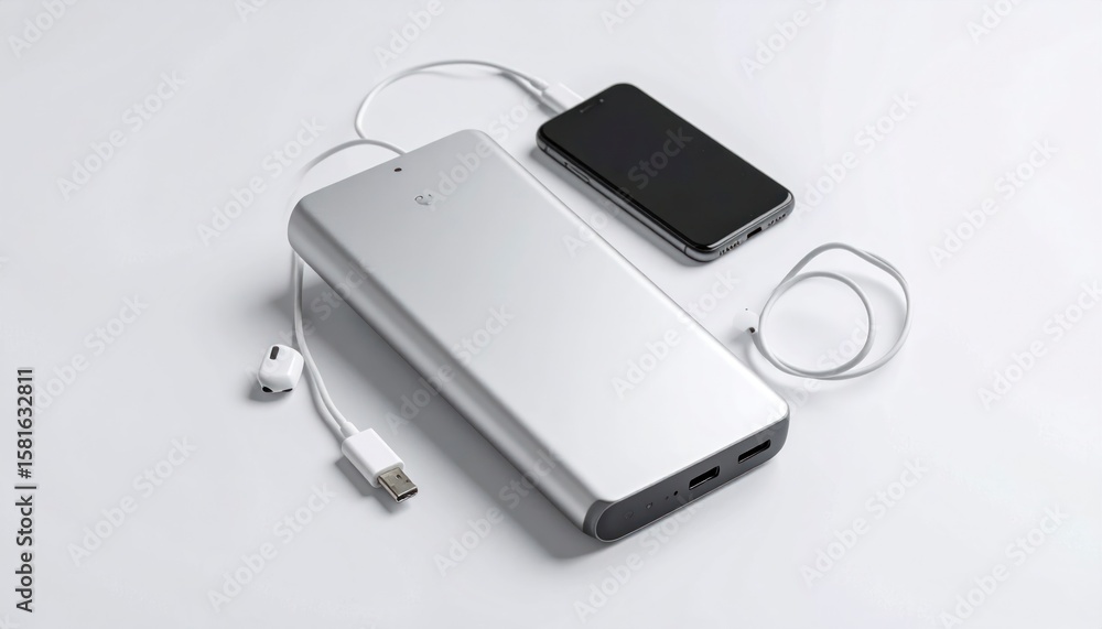 Silver Power Bank Mockup with Cables and Smartphone on White Isolated Background Silver Power Bank Mockup with Cables and Smartphone on White Isolated Background