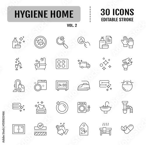 Hygiene icon set. Containing cleaning, disinfection, soap, bathing, sweep, shower, washing hands, clean and sanitation icons. Vector illustration