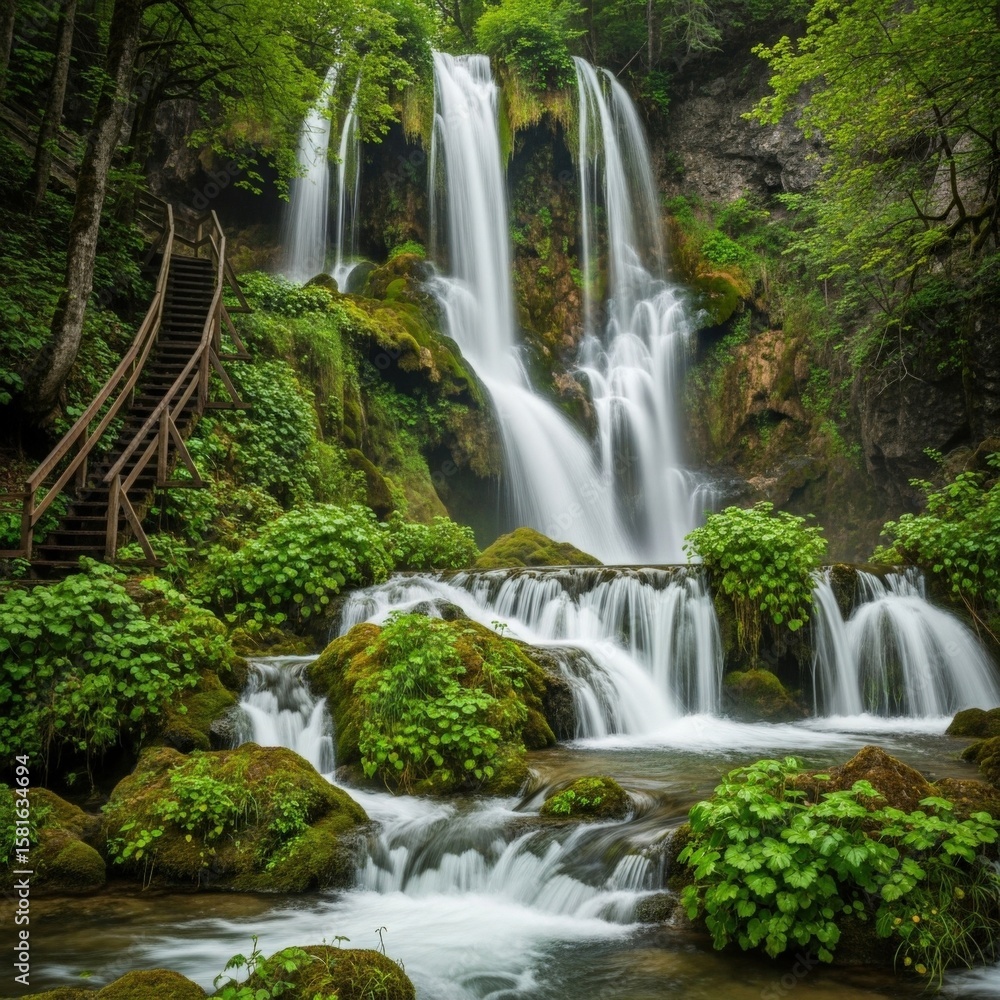 Obraz premium Lush Green Waterfall Cascading Down Mossy Rocks Wooden Steps Forest Path