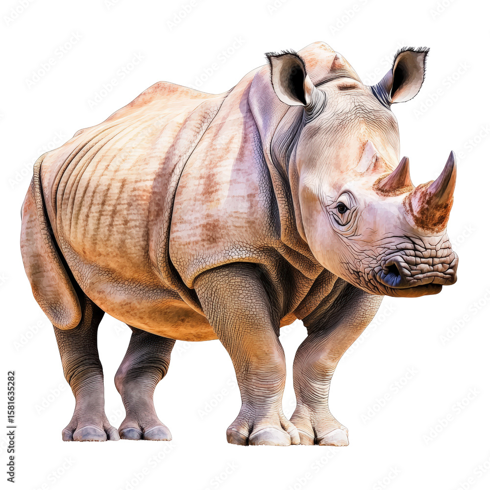 Fototapeta premium Large detailed realistic adult rhinoceros with prominent horn and textured thick skin standing isolated on white background