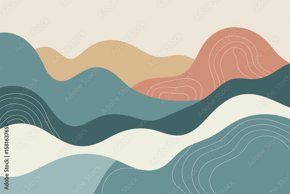 Naklejka premium Contemporary earth tone abstract landscape art features organic wavy shapes in soft color palette creating a serene and modern aesthetic.
