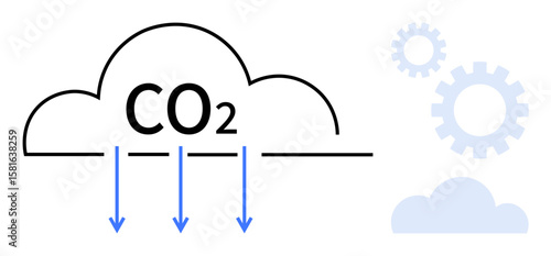 CO within a cloud, three downward arrows symbolizing carbon capture, light blue gears hinting at technological solutions, and a faint cloud silhouette. Ideal for sustainability, climate action