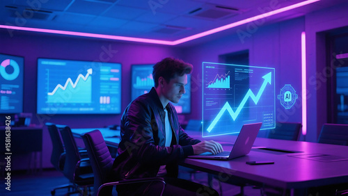 Man working on laptop with futuristic ai interface in neon lit office with data graphs on screens