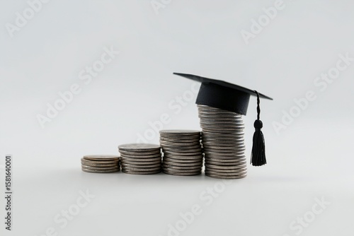 Stack of coins and graduation cap symbolizing higher education investment, college fund, tuition fees and student debt