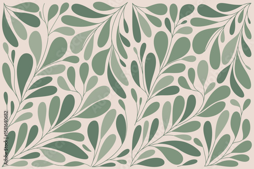 Elegant sage green leaves create a flowing, botanical pattern on a beige background for a nature inspired design.