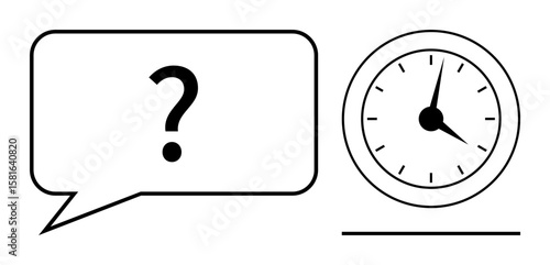 Large question mark in speech bubble near analog clock with clear hour markings. Ideal for time planning, decision-making, problem-solving, deadlines, productivity, urgency, scheduling. Simple flat