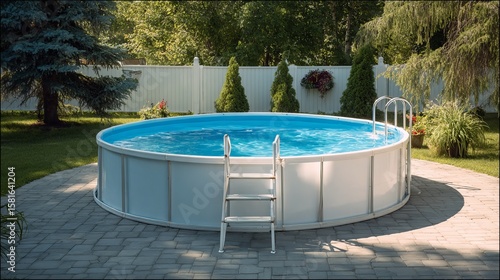 A serene backyard scene featuring a round above-ground pool surrounded by lush greenery and a paved patio.