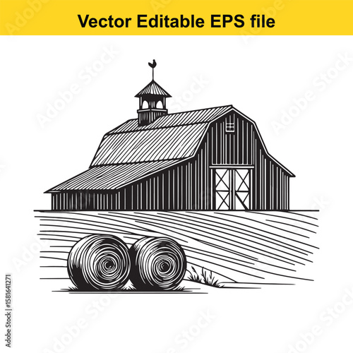 A rustic barn with hay bales in a field