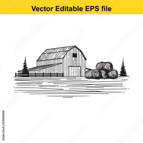 A rustic barn with hay bales in the countryside