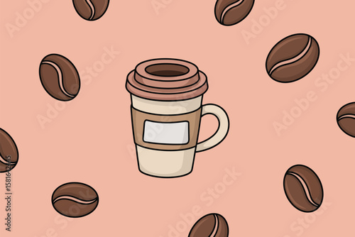 Coffee beans and a takeaway mug, a tasty caffeine-infused background pattern on a light pink background, perfect for cafe branding