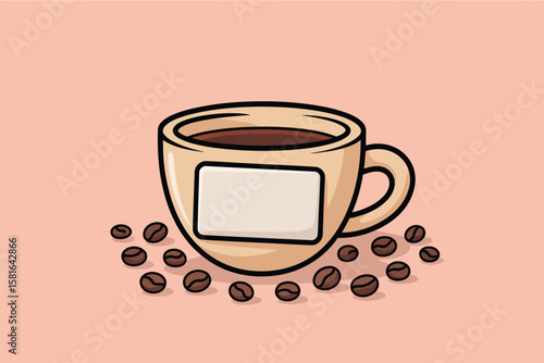 Freshly brewed coffee depicted in a charming cup, embraced by scattered aromatic coffee beans on a light background.