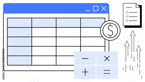 Spreadsheet grid with calculator, money icon, rising arrows, and checklist illustrating data management, financial calculations, planning, tracking progress, budgeting, reporting and analytics