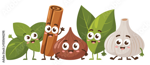 Cute cartoon characters of basil leaves cinnamon stick shallot bay leaves and garlic