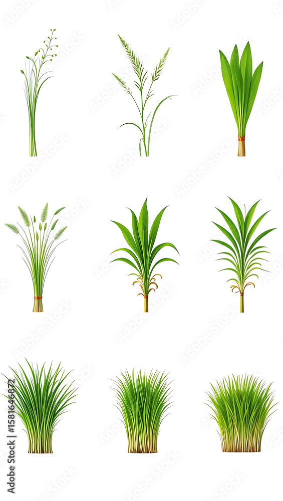 Fototapeta premium Vibrant Green Grass and Herb Collection: Realistic Botanical Illustrations, Isolated on White Background.