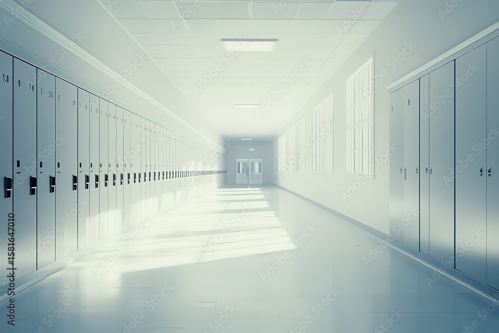 A long, white school hallway with lockers on the left and right sides, photo-realistic. A long, white school hallway with lockers on the left and right sides, photo-realistic.