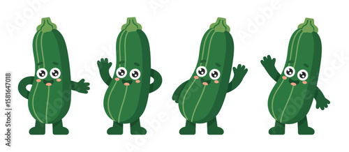 Four happy cartoon zucchini characters waving and smiling on white background