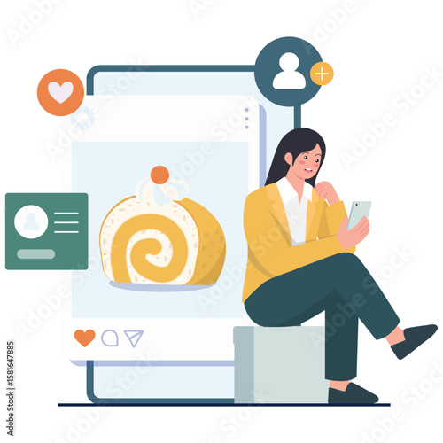 Digital Business Illustration. Vector illustration of A woman interacting with social media content featuring a dessert, symbolizing content creation and follower engagement. Isolated on background