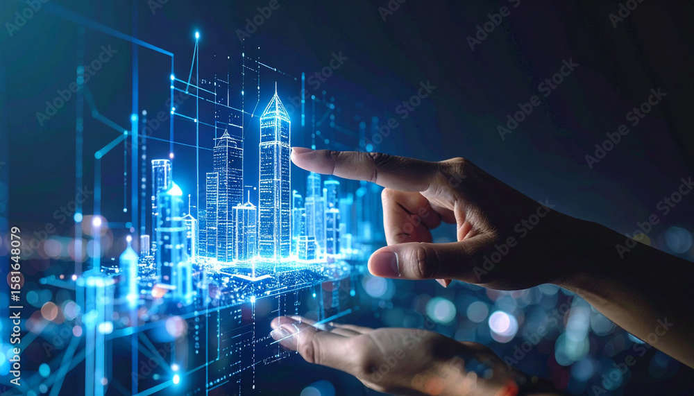 Fototapeta premium Technological Blueprint of Urbanity: A mesmerizing high-angle shot captures a futuristic concept of urban development, with digital city renderings held between two hands.