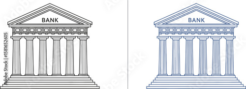 Bank building icons in blueprint style and colored versions