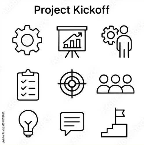 Set of project kickoff outline icons with gear, presentation chart, team, checklist, target, idea bulb, message, flag on steps, and project planning