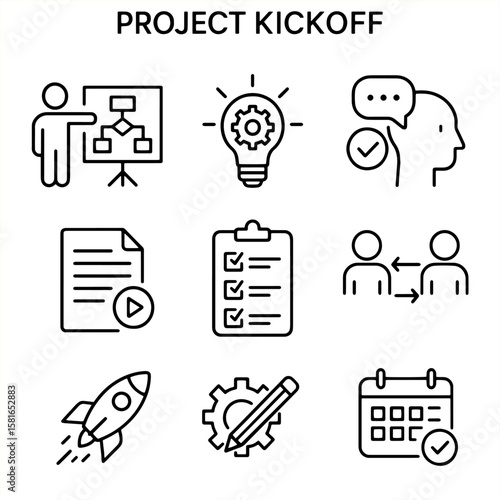 Set of project kickoff outline icons with presentation board, idea bulb, checklist, rocket launch, planning document, teamwork, and calendar