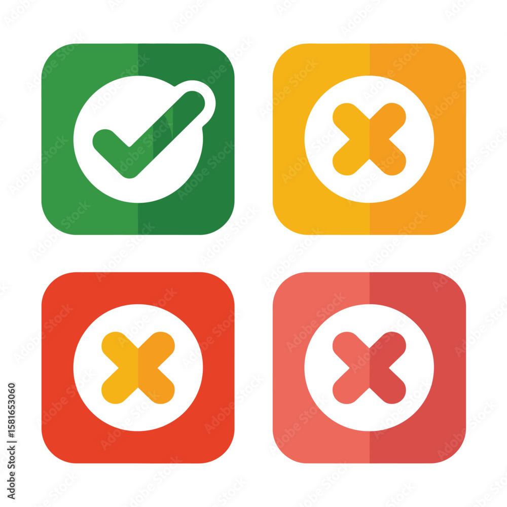 Four rounded square icons with checkmark and cross symbols in different colors Four rounded square icons with checkmark and cross symbols in different colors