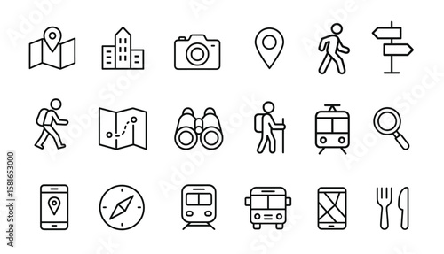 Set of travel and navigation outline icons with map, location pin, compass, transportation, hiking, camera, binoculars, and smartphone navigation