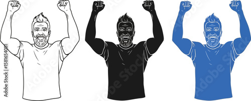 Man celebrates success with fists raised in black white and blue versions